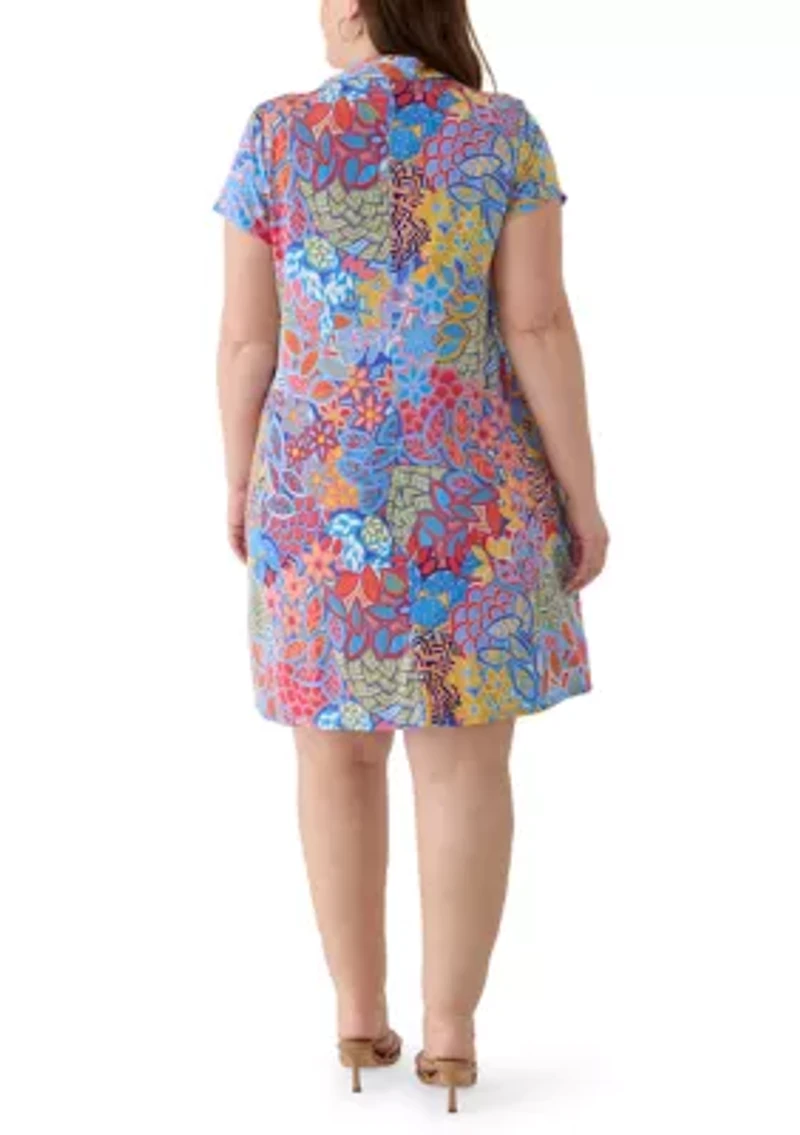 Plus Short Sleeve Collar A-Line Dress