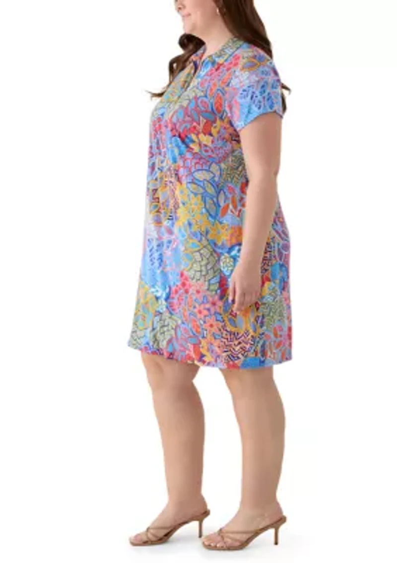 Plus Short Sleeve Collar A-Line Dress