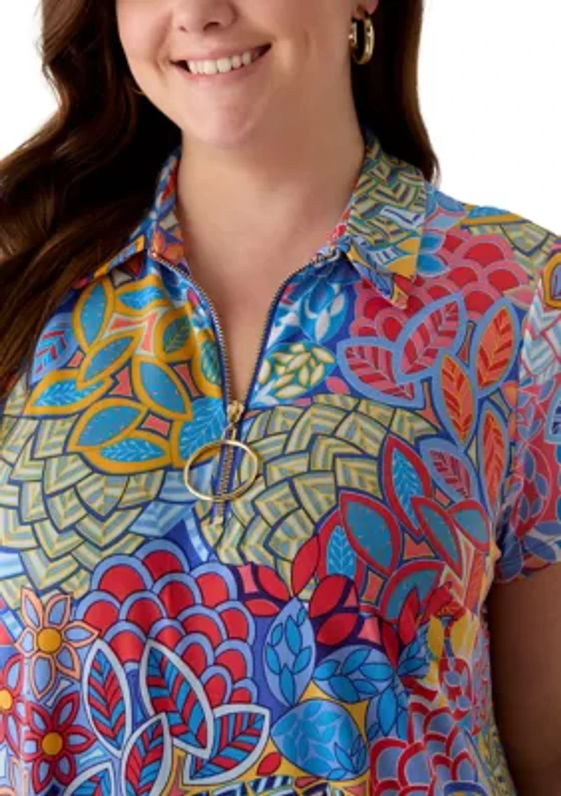 Plus Short Sleeve Collar A-Line Dress