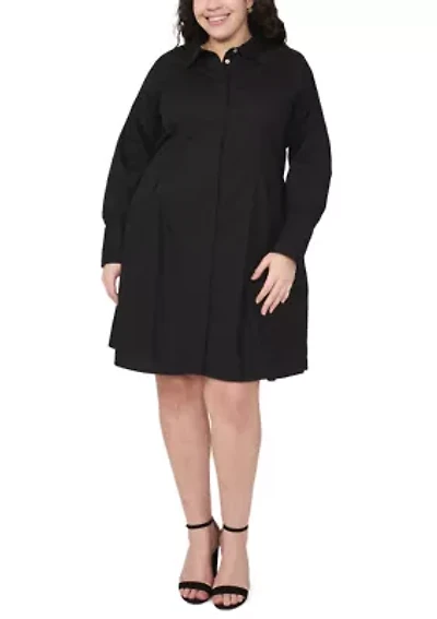 Plus Long Sleeve Collar Neck Solid Cotton Shirtdress