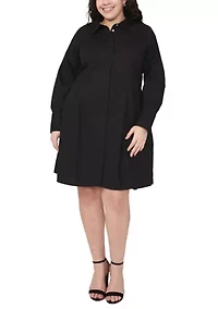 Plus Long Sleeve Collar Neck Solid Cotton Shirtdress