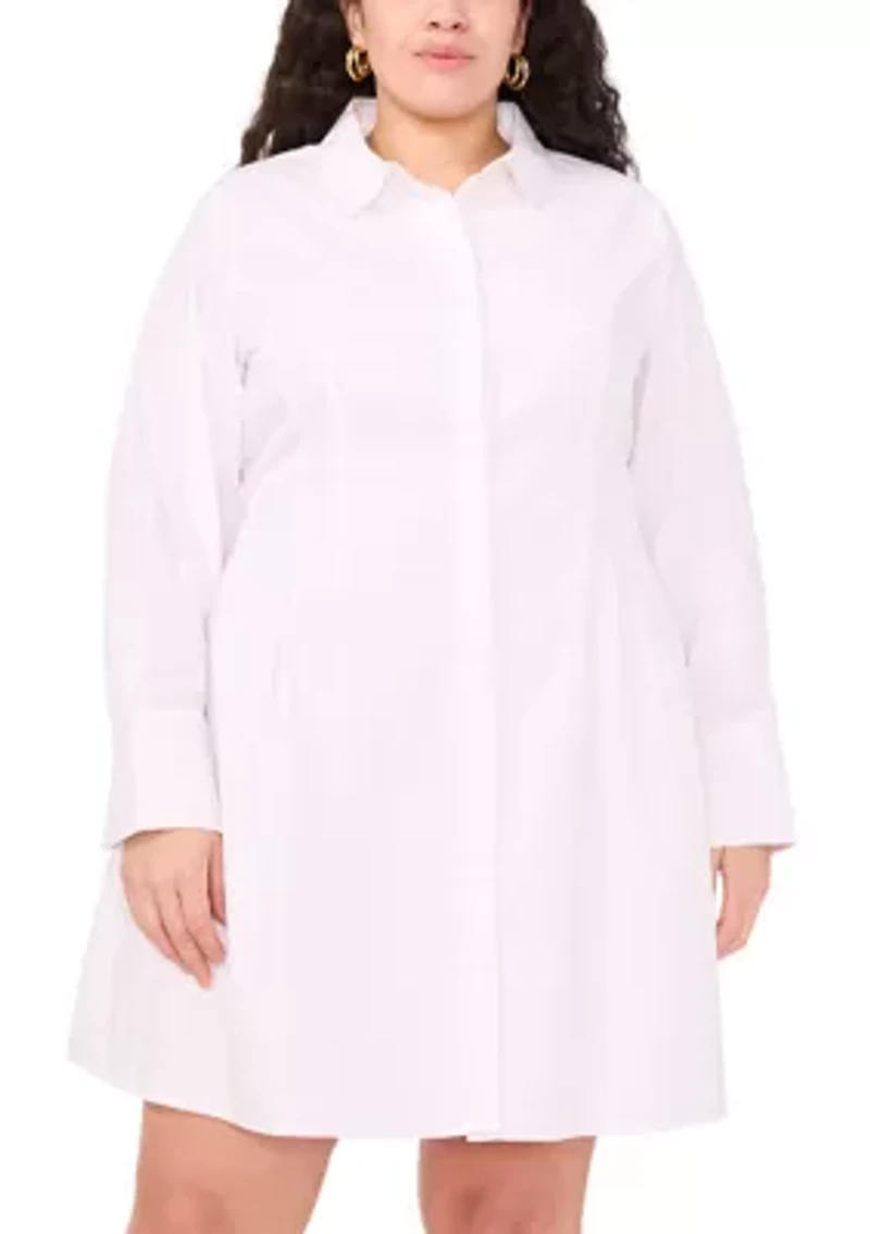 Plus Long Sleeve Collar Neck Solid Cotton Shirtdress