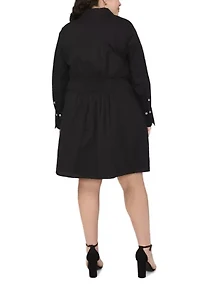 Plus Long Sleeve Collar Neck Solid Cotton Shirtdress