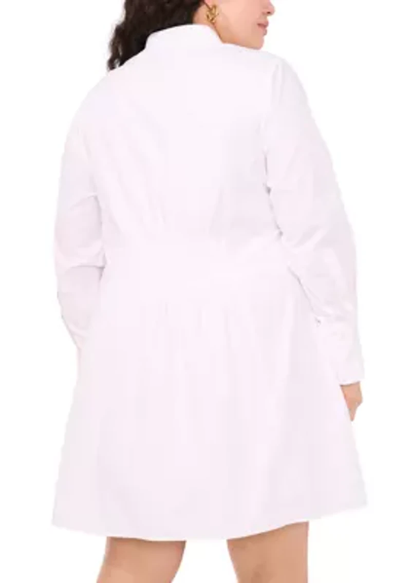 Plus Long Sleeve Collar Neck Solid Cotton Shirtdress