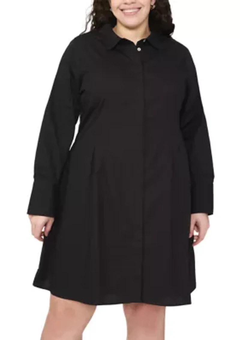 Plus Long Sleeve Collar Neck Solid Cotton Shirtdress