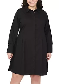 Plus Long Sleeve Collar Neck Solid Cotton Shirtdress