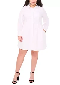 Plus Long Sleeve Collar Neck Solid Cotton Shirtdress