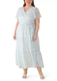 Plus Short Sleeve V-Neck Floral Midi Dress