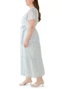 Plus Short Sleeve V-Neck Floral Midi Dress