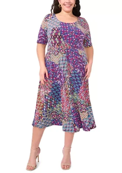 Plus Short Sleeve Scoop Neck Abstract Print Midi Dress