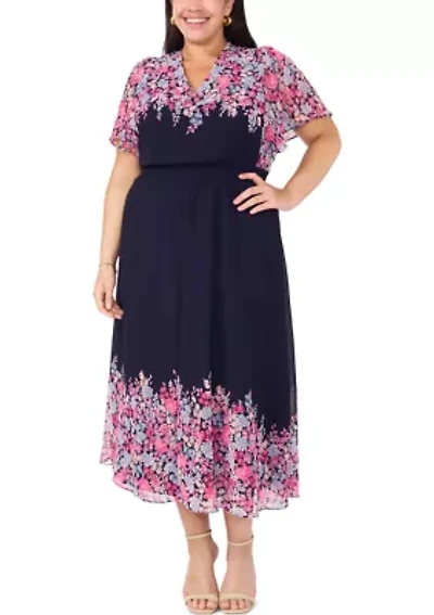Plus Flutter Sleeve V-Neck Printed Chiffon Maxi Dress