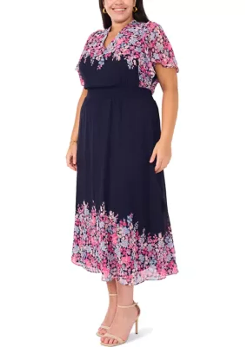Plus Flutter Sleeve V-Neck Printed Chiffon Maxi Dress