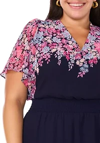 Plus Flutter Sleeve V-Neck Printed Chiffon Maxi Dress