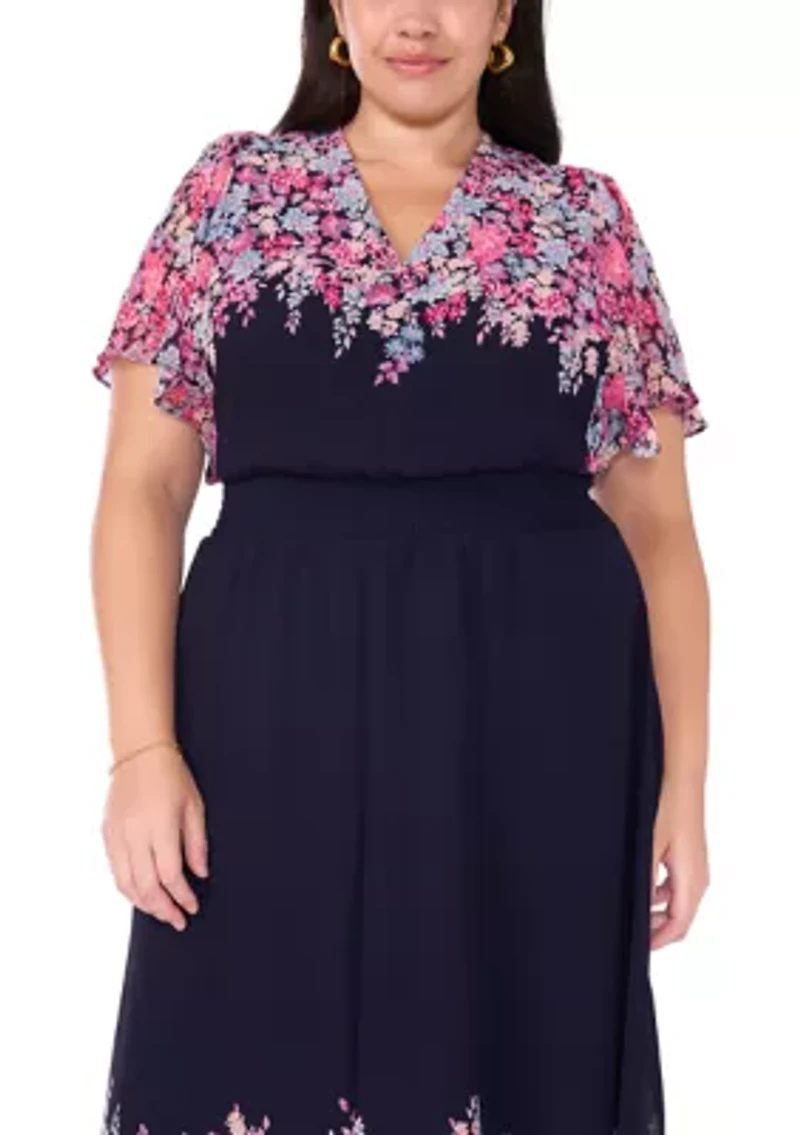 Plus Flutter Sleeve V-Neck Printed Chiffon Maxi Dress