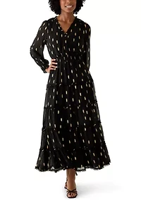 Women's Long Sleeve V-Neck Foil Chiffon Maxi Dress