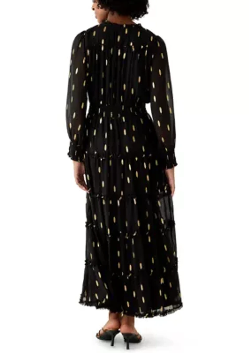 Women's Long Sleeve V-Neck Foil Chiffon Maxi Dress