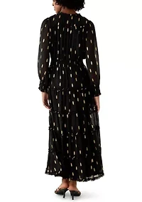 Women's Long Sleeve V-Neck Foil Chiffon Maxi Dress