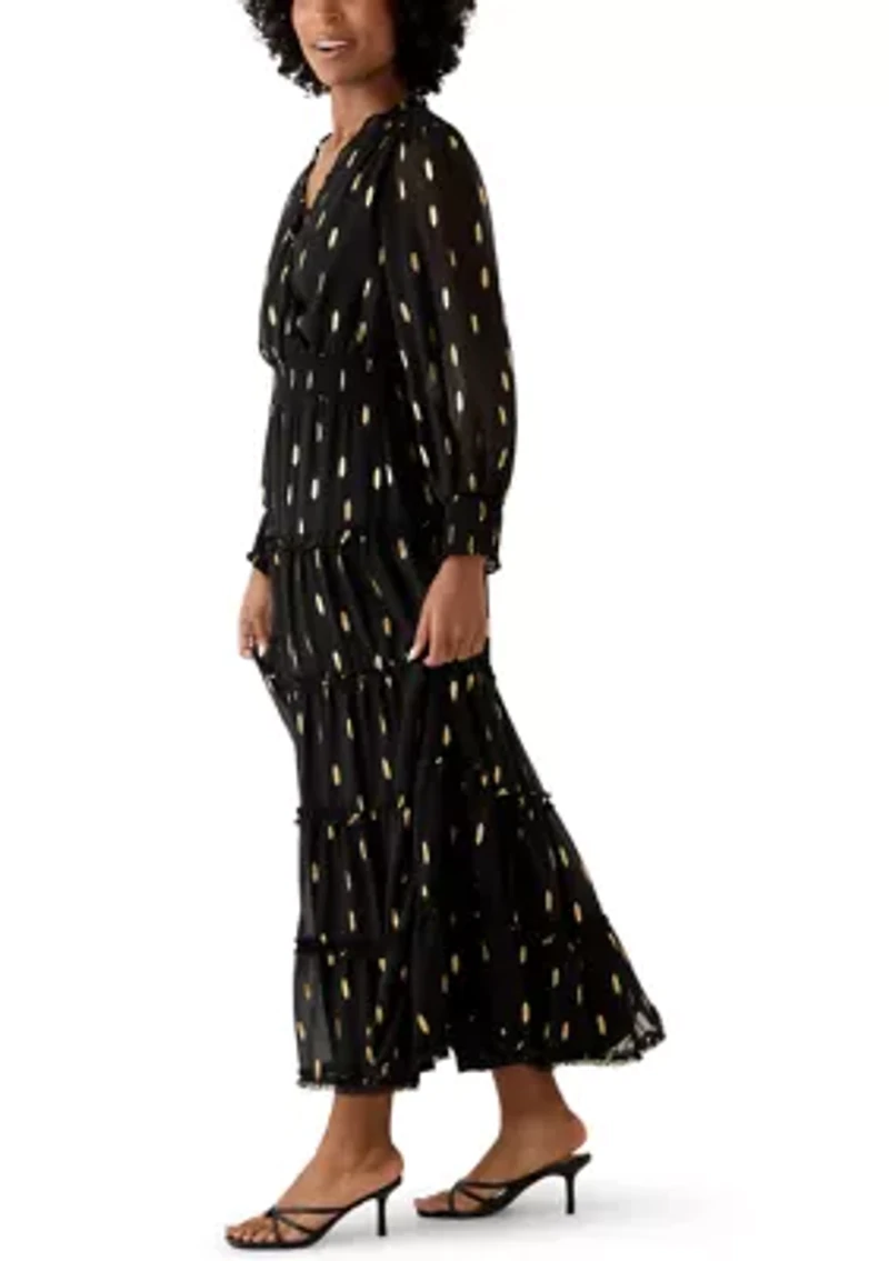 Women's Long Sleeve V-Neck Foil Chiffon Maxi Dress