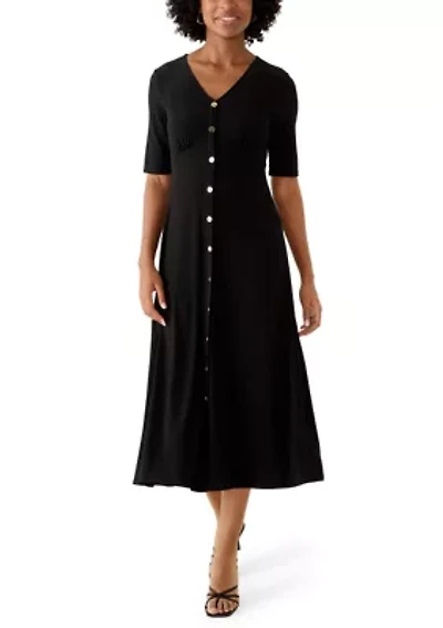 Women's Short Sleeve V-Neck Solid Midi A-Line Dress