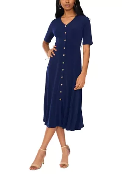 Women's Short Sleeve V-Neck Solid Midi A-Line Dress