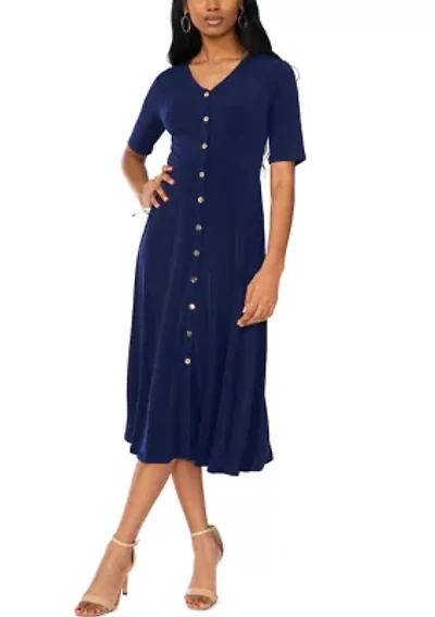 Women's Short Sleeve V-Neck Solid Midi A-Line Dress