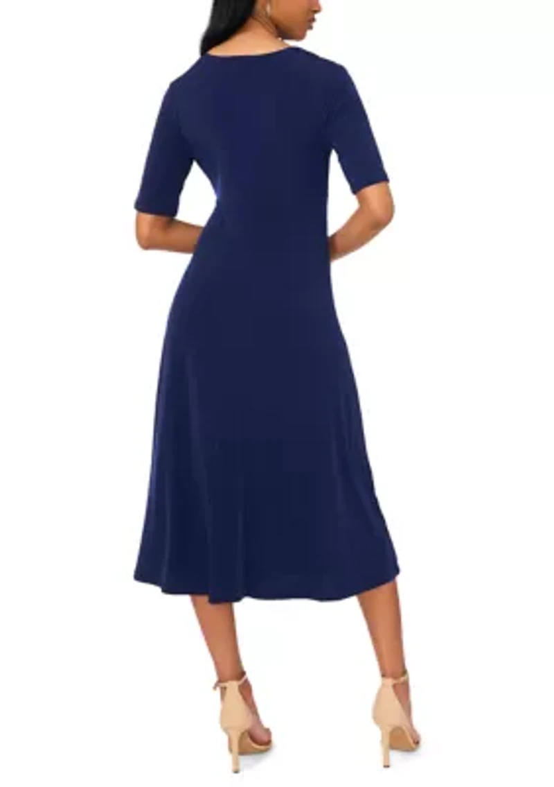 Women's Short Sleeve V-Neck Solid Midi A-Line Dress