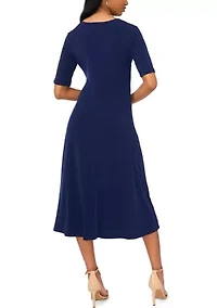 Women's Short Sleeve V-Neck Solid Midi A-Line Dress