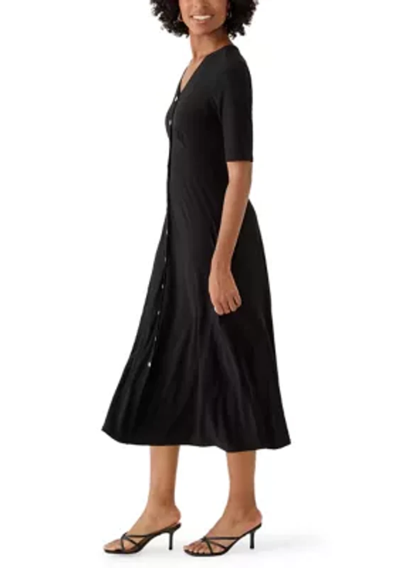 Women's Short Sleeve V-Neck Solid Midi A-Line Dress