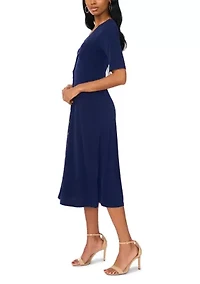 Women's Short Sleeve V-Neck Solid Midi A-Line Dress