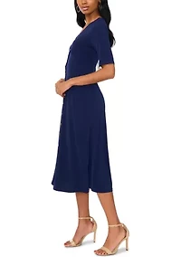 Women's Short Sleeve V-Neck Solid Midi A-Line Dress