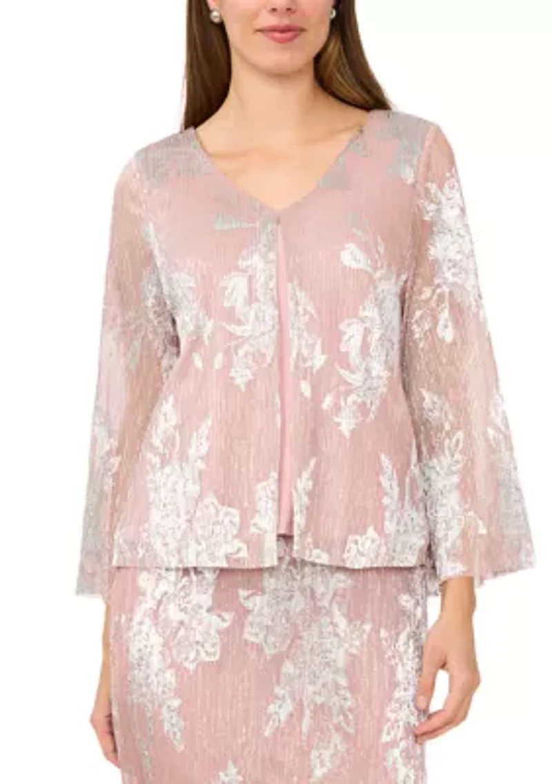 Women's 3/4 Sleeve Foil Pleat Overlay Top