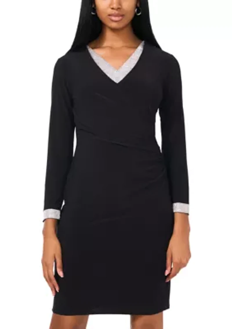 Women's Long Sleeve V-Neck Solid Wrap Fit and Flare Dress