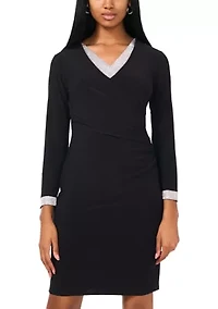 Women's Long Sleeve V-Neck Solid Wrap Fit and Flare Dress