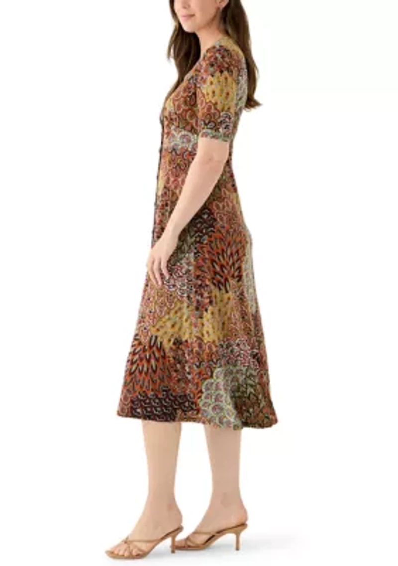 Women's 3/4 V-Neck Abstract Print Maxi Dress