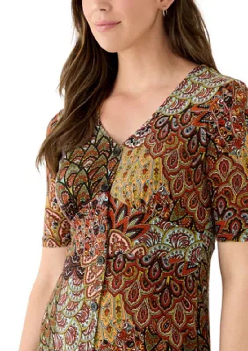 Women's 3/4 V-Neck Abstract Print Maxi Dress