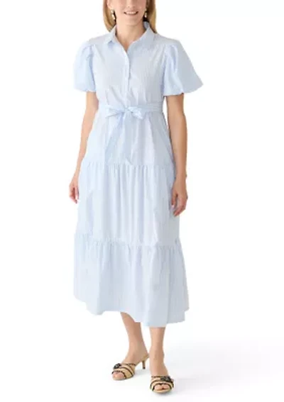 Women's Short Sleeve Tie-Waist Tiered Midi Dress