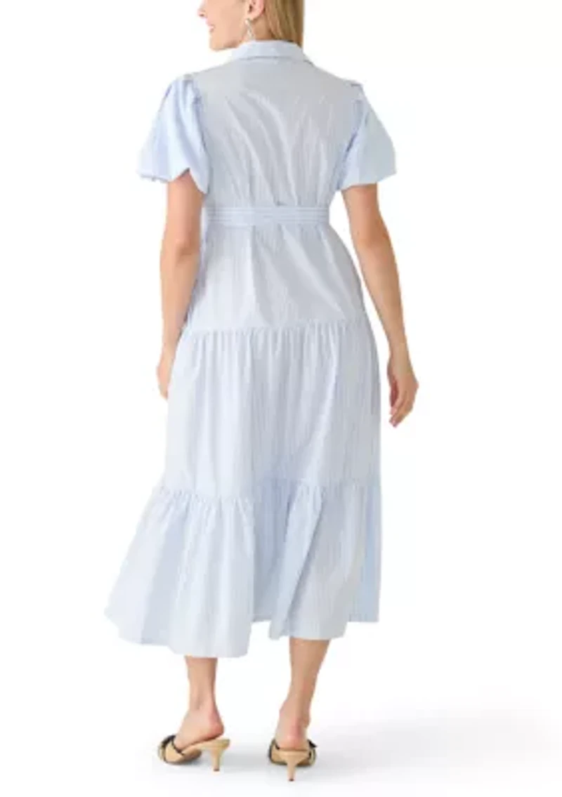 Women's Short Sleeve Tie-Waist Tiered Midi Dress