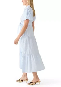 Women's Short Sleeve Tie-Waist Tiered Midi Dress