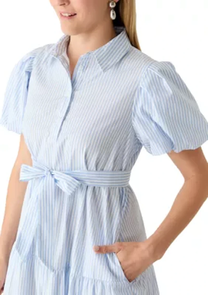 Women's Short Sleeve Tie-Waist Tiered Midi Dress