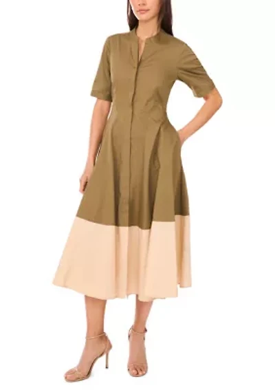 Women's Short Sleeve Collared Split Neck Shirted Dress
