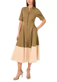 Women's Short Sleeve Collared Split Neck Shirted Dress