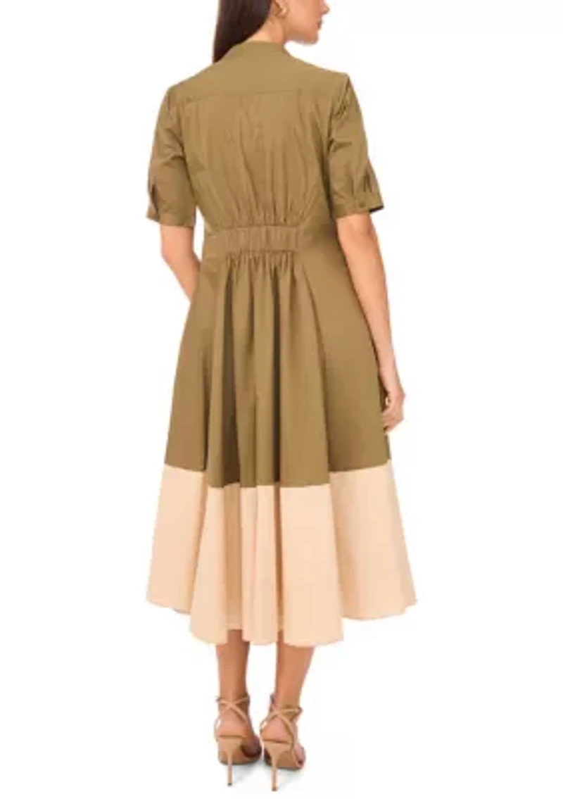 Women's Short Sleeve Collared Split Neck Shirted Dress