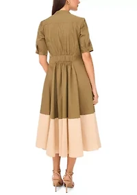 Women's Short Sleeve Collared Split Neck Shirted Dress