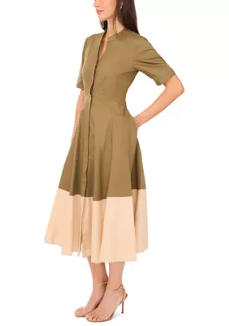 Women's Short Sleeve Collared Split Neck Shirted Dress