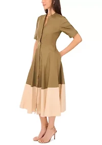 Women's Short Sleeve Collared Split Neck Shirted Dress