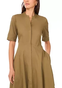 Women's Short Sleeve Collared Split Neck Shirted Dress
