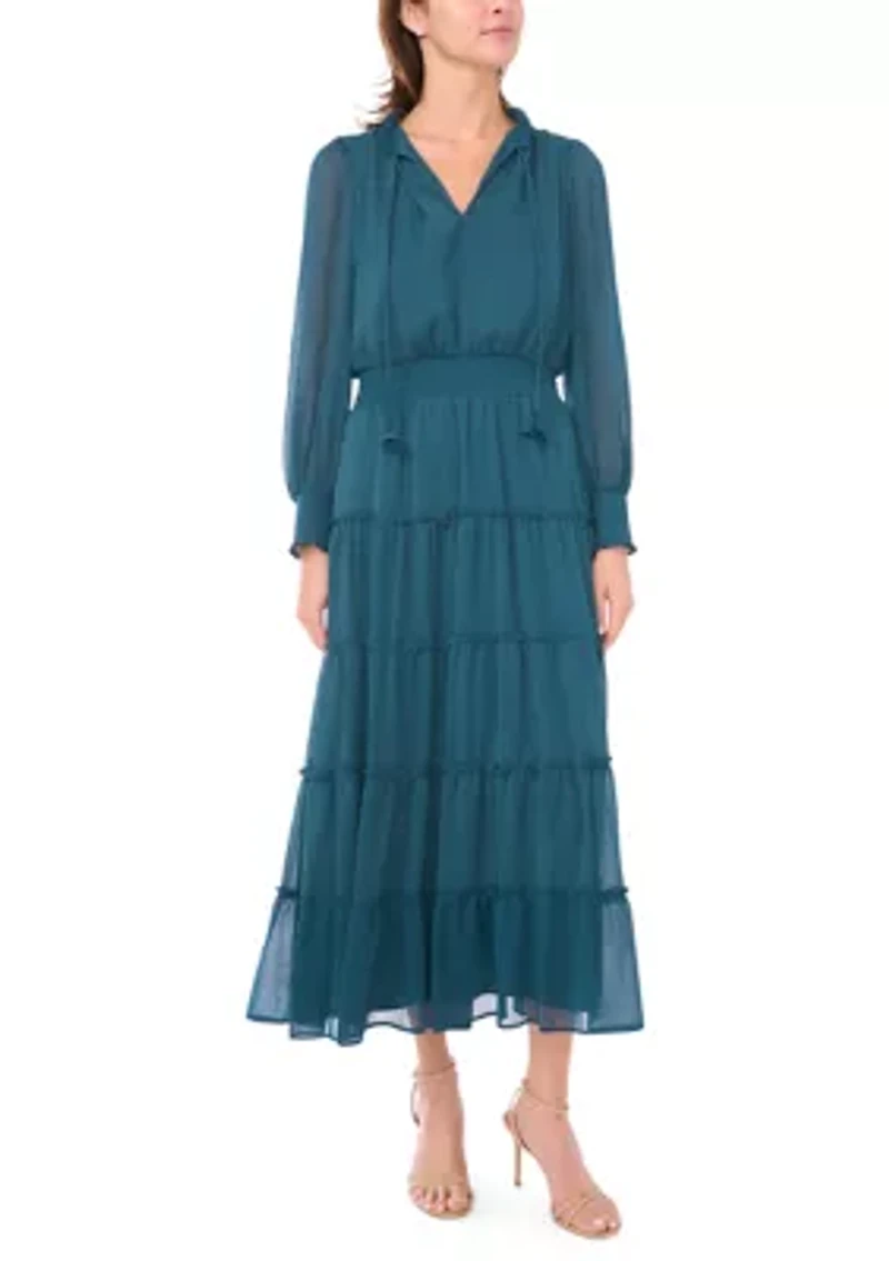 Women's Long Sleeve Tie Neck Tiered Maxi Dress
