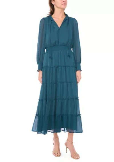 Women's Long Sleeve Tie Neck Tiered Maxi Dress