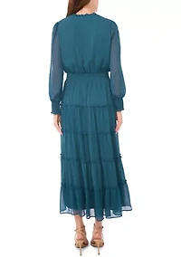 Women's Long Sleeve Tie Neck Tiered Maxi Dress
