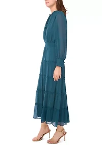 Women's Long Sleeve Tie Neck Tiered Maxi Dress